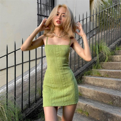European and American Fashion & Trend 2021 Foreign Trade Summer New Product Women's Clothes Solid Color Sexy Strap Type Short Skirt High Waist Dress