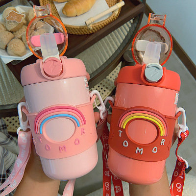 Rainbow Suction Nozzle Vacuum Cup Children Harness Straw Stainless Steel Vacuum Cup Cute Strap Stay Cute Student Water Cup