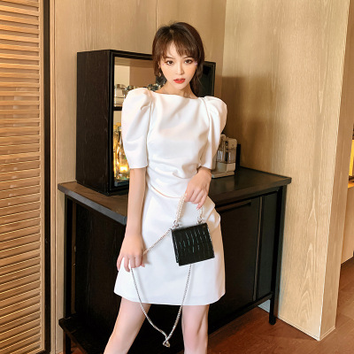 2022 Summer New Women's Clothing Palace Style Puff Sleeve off-Neck Sheath Dress Western Style A- line Skirt 5144