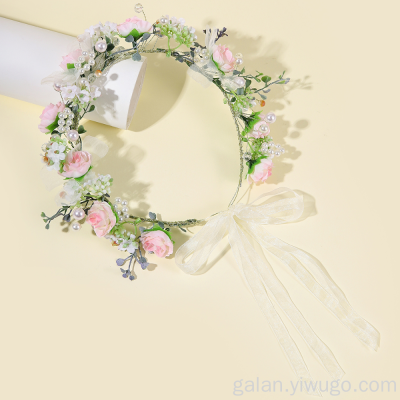 Cross-Border Hot Selling Korean Style Bride Wreath Headdress Pink Flower Hair Band Wreath Beads String Children's Hair Accessories Headband