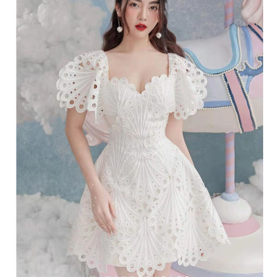 2022 Summer Lace Small White Refined Handmade Lace Dress Design High Waist A- line Shell Skirt 9472
