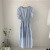 2022 Summer Women's Solid Color round Neck One Button Drawstring Waist Slimming Short Sleeve Midi Dress 7525