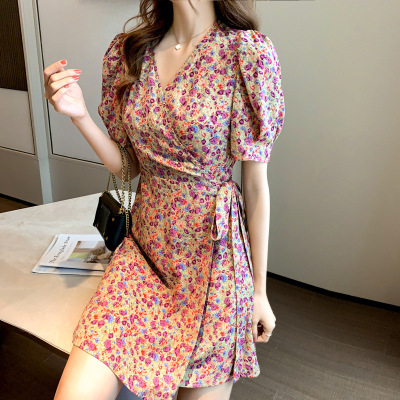 2022 New Spring and Autumn V-neck Short Sleeve Skirt Floral Dress Women's Clothing Retro French Slimming A- line Skirt Small