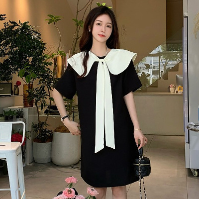 Chic Doll Collar Dress Summer Women's Contrast Colors Slimming Lace-up Bow Short Sleeve Petite Skirt Women's Clothing