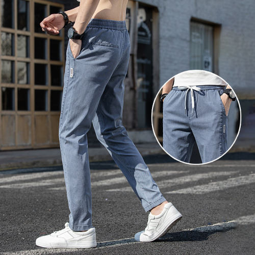 Denim Trousers Men‘s Tencel Summer Thin Slim-Fit Tops for Summer Boys Pants Trendy Brand Ice Silk Trendy Men‘s Casual Pants