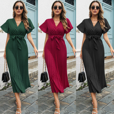 Amazon Independent Station Popular Cross-Border Women's Clothing Spring and Summer Leisure Ruffle Sleeve Lace-up Large Pleated Chiffon Dress
