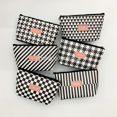 Simple Cosmetic Bag Pu Black and White Lattice Pattern Houndstooth Storage Toiletry Bag Large Capacity Hexagonal