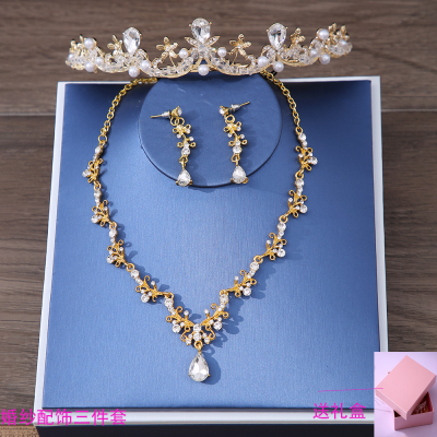 Xy029 Bride Headdress Crown Three-Piece Korean Wedding Necklace Earrings Jewelry Set New Wedding Accessories