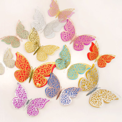 Colorful Double-Layer Butterfly 12 Hollow Wall Stickers Three-Dimensional Butterfly Festival Home Christmas Festival Layout Decorating Stickers
