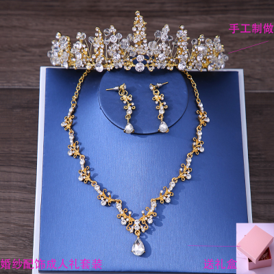 Xy028 Bride Headdress Crown Three-Piece European Wedding Necklace Earrings Jewelry Set New Wedding Accessories