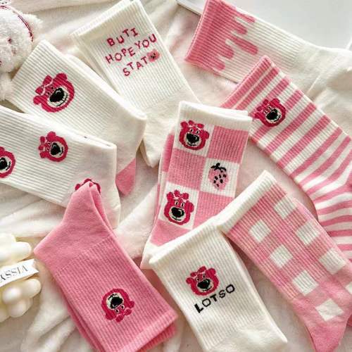 socks women‘s mid-calf length socks autumn and winter ins trendy student korean style japanese cute strawberry bear socks pink stockings