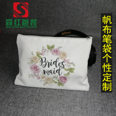 Student Art Canvas Pen Bag Cotton Zipper Bag Canvas Thermal Transfer Women's Personality Cosmetic Bag Wholesale Factory