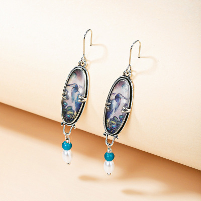 Creative Chinese Style Retro Floral Blue Heron Earrings Fashion Socialite Temperament Sapphire Pearl Earrings Personalized Earrings