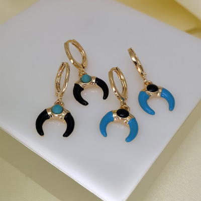 New European and American Style Fashion Earrings Women's High-Grade Metal Ring Earrings Retro Couple Moon Shaped Zircon Ear Stud Earring