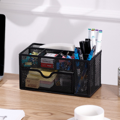 Metal Grid Pen Holder Office Desktop Layered Storage Box Creative Stationery Multifunctional Organize the Shelves