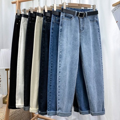 Daddy Denim Straight-Leg Pants Female Student Autumn New Slimming High Waist Loose Cropped Ankle-Tied Harem Pants