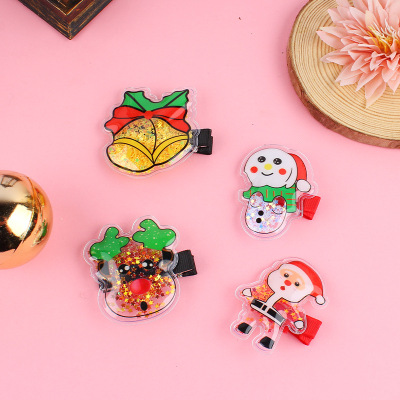 Children's Christmas Barrettes Transparent Quicksand Clip Christmas Tree Old Elk Bell Side Clip Holiday Hair Accessories