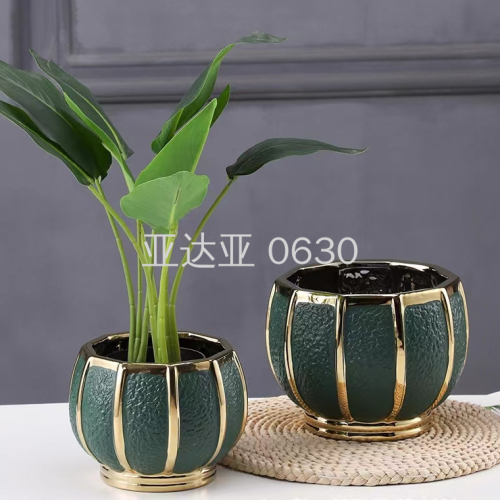 cross-border light luxury ceramic flower pot creative gold painting study home decoration office desktop flower arrangement decoration