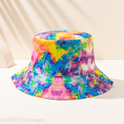 Tie Dye Bucket Hat Reversible Cotton Sun Hat Couple Student 3D Printing Bucket Hat Dual-Wear Fishing Hat