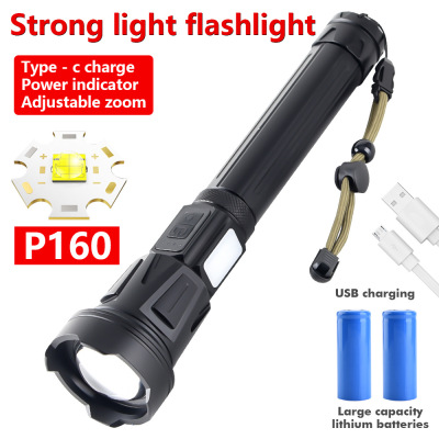 Cross-Border New Arrival Aluminum Alloy P160 High-Power Zoom USB Charging with Power Display Outdoor Monitor Flashlight