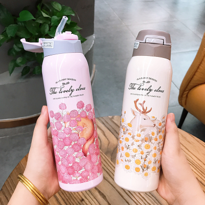304 Stainless Steel Vacuum Thermos Cup Simple Female Student Office Worker Portable Sports Cup with Straw Gift Cup