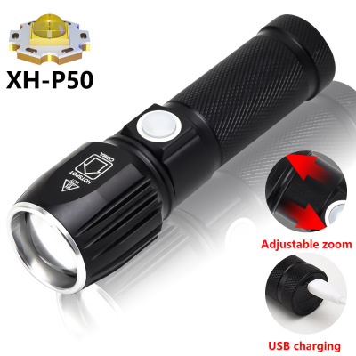 Cross-Border New Arrival P50 Lamp Beads Aluminum Alloy Telescopic Zoom Built-in Battery USB Charging Mini Torch