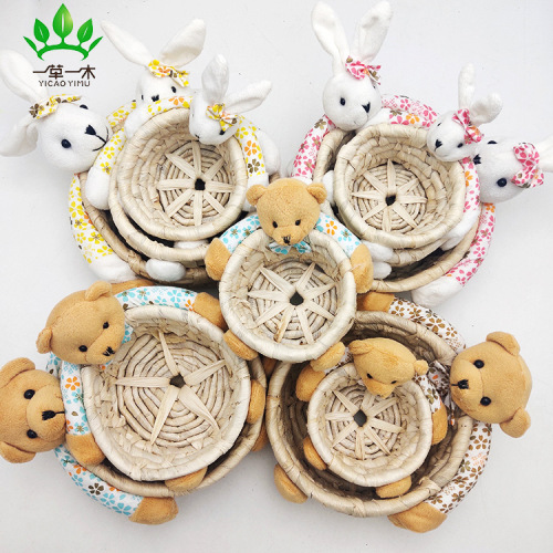 factory direct sales handwoven domestic ornaments straw three-piece set storage basket easter rabbits and bears egg basket