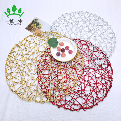 amazon hot sale paper string randomly woven placemat hand-woven pe film placemat non-slip mat heat proof mat diy decorative pad