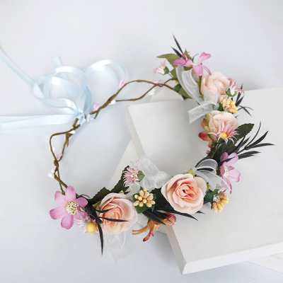 Hot Mori Girl Garland Rattan Bridal Headdress Photography Decor Blue Ribbon Fabric Roses Bow Headband