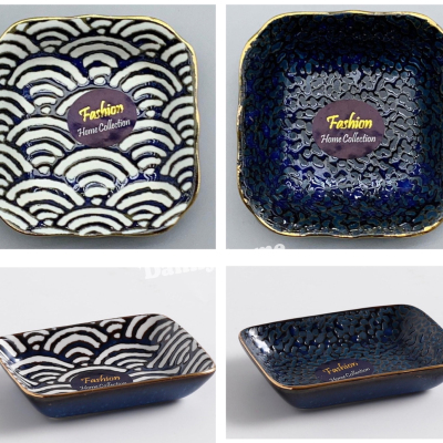 INS Style Tableware Ceramic Tableware Household Sushi Plate Japanese Gold-Edged Bowl Plate Butterboat Retro Qinghai Corrugated