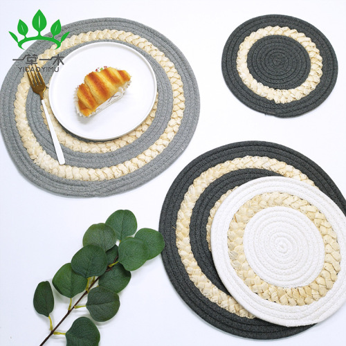 cross-border hot selling corn husk woven placemat cotton string round heat proof mat three-strand straw placemat