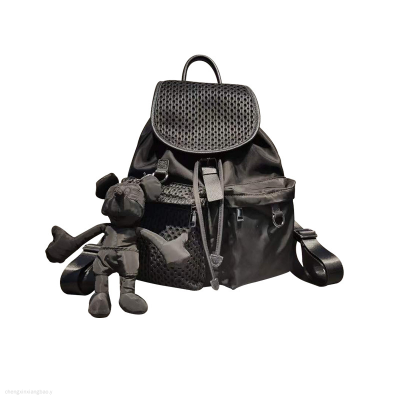Denim Vintage Women's Backpack Drawstring Flap Backpack Practical Multi-Pocket Bag Straps Doll Ornaments