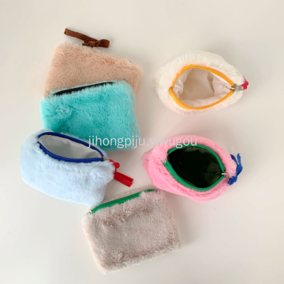 Plush Coin Purse Mini Makeup Storage Small Bag Contrast Color Bags Hanging with Ropes Solid Color Lipstick Earphone Ins