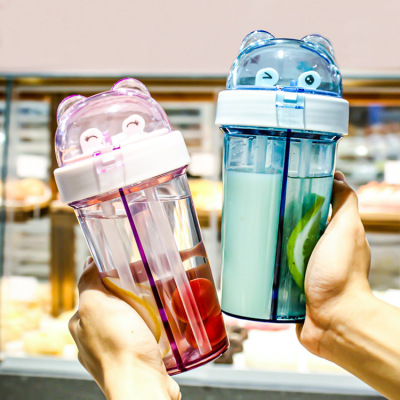 Douding Double Drink Cup Cute Children's Milk Juice Cup with Straw Creative Portable Cup Children's Ins Style Gift Wholesale