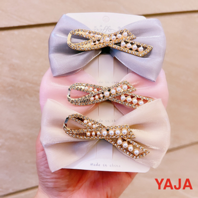 Yaja Refined and Simple Bow Barrettes Pearl Rhinestone Bangs Clip Side Clip Cloth Hairpin Headdress Female Clip