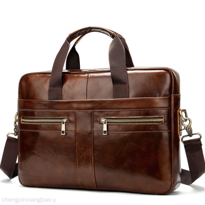 Business Men's Briefcase Men's Real-Leather Bag Portfolio 14-Inch Computer Bag Men's Portable One-Shoulder Men