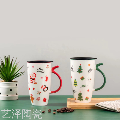 Christmas Ceramic Cup Large Capacity Mug Cartoon Drinking Cup Colored Glaze Coffee Cup...