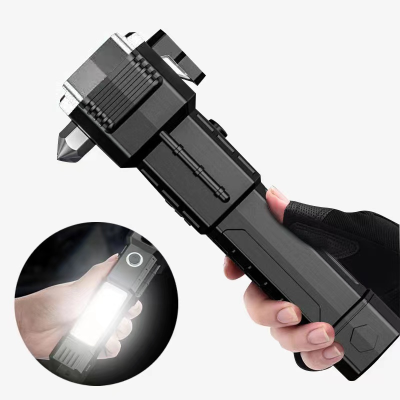 LED Flashlight Safety Broken Window Hammer USB Charging Magnetic Adsorption Work Light Sidelight Power Bank Function