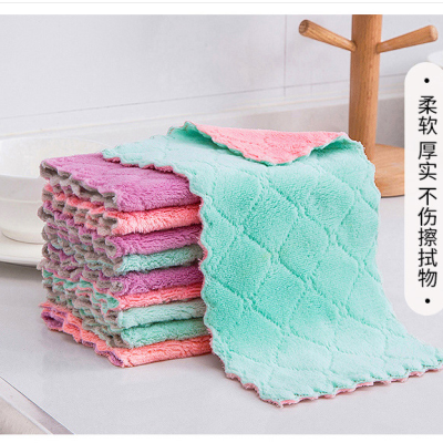 Kitchen Cleaning Double-Sided Strong Absorbent Coral Fleece Rag Oil-Free Dishcloth Wet and Dry Scouring Pad