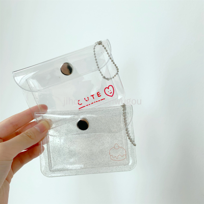 Transparent Printed Card Holder Ins Mini Snap Button Bank Card Protective Cover Glitter Small Wallet