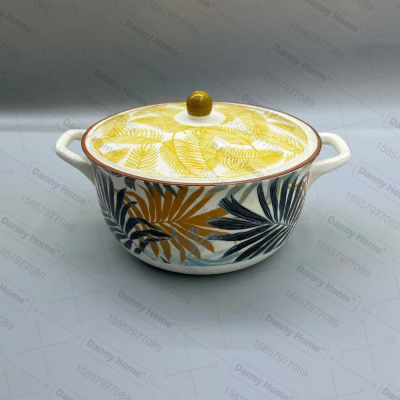Ceramic Bowl Casserole Bowl Double-Ear Bowl Large Size with Lid Creative Household Tableware Gift Bowl Oven Bowl