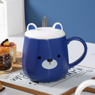 Klein Blue Cartoon Mark Cup Cartoon Daily Necessities Gift Ceramic Water Cup Female Large Capacity with Lid Spoon