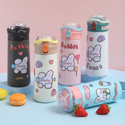 new stainless steel straw thermal insulation cup simple cartoon male and female student pea cup high-looking internet celebrity carter cup