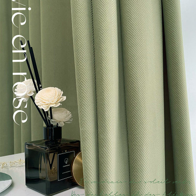 Herringbone Pattern Matcha Green Nordic Simple Shading Japanese Velvet Korean Style Living Room Punching Bedroom Floating Curtain Wholesale