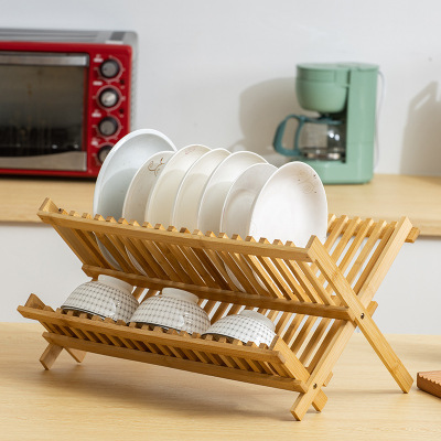 Dish Rack Draining Rack Kitchen Double-Layer Plate Storage Rack Bowl Rack Drying Rack Bamboo Ventilation Storage Rack