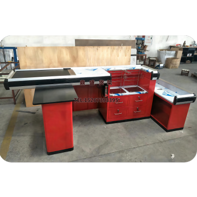 Supermarket Electric Cashier Counter Electric Conveyor Belt Stainless Steel Cashier