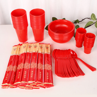 Disposable Tableware Wedding Red Plastic Bowl Double Children 345ml20 Pack Food Grade Plastic Bowl Lunch Box Takeaway