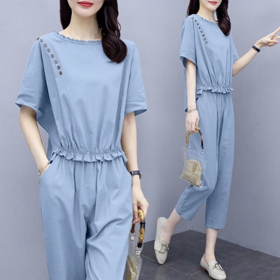 Large Size Women's Clothing 2022 New Casual Fashionable Stylish Lightly Mature Sports Suit Women's Short Sleeve Summer Two-Piece Suit