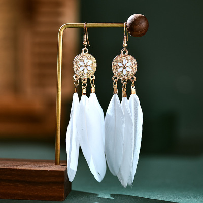 Round Alloy White Long Type Feather Earrings for Women European and American Personalized Fashion Earrings Amazon Gift Ornament Wholesale