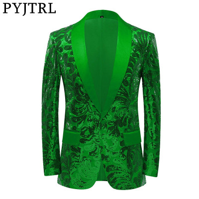 Cross-Border Hot Sale Men's Suit Solid Color Fashion Sequined Slim-Fit Long-Sleeved Youth Green Fruit Collar Casual Suit Jacket